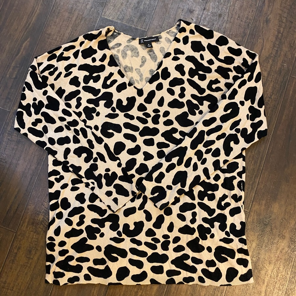 INC International Concepts Leopard Print Pullover Long Sleeve V Neck Top